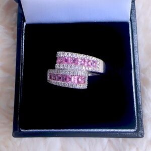 Stunning 18K Diamond & Pink Sapphire crossover bypass style right hand ring.